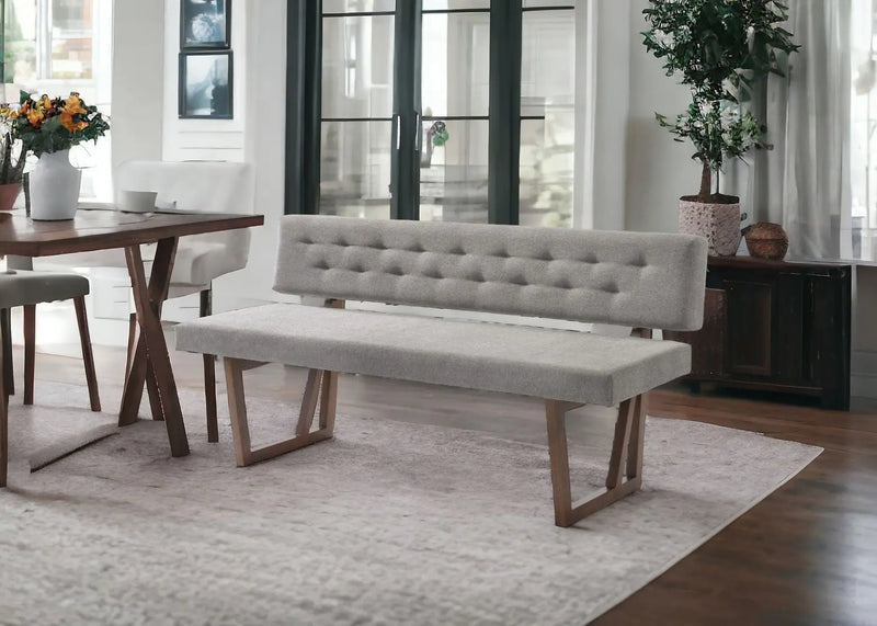 63" Gray and Brown Upholstered Linen Blend Dining Bench Homeroots Living Room