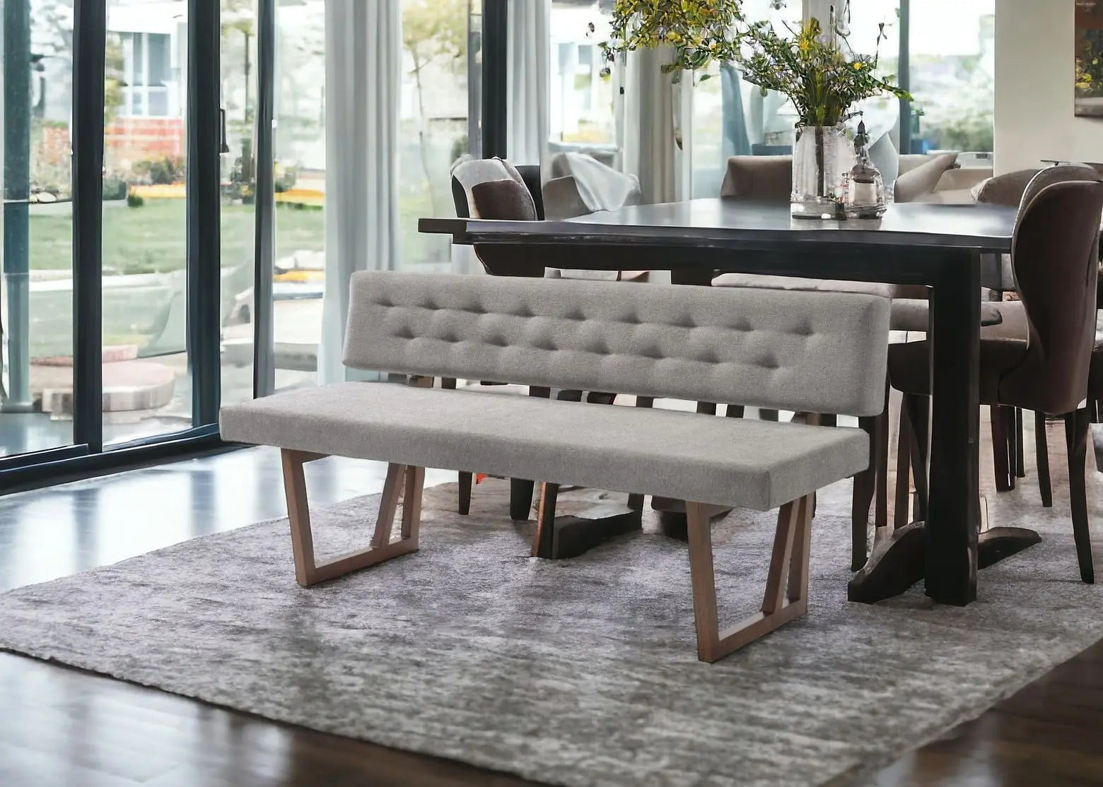 63" Gray and Brown Upholstered Linen Blend Dining Bench Homeroots Living Room