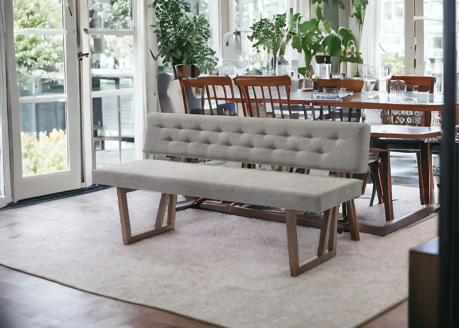 63" Gray and Brown Upholstered Linen Blend Dining Bench Homeroots Living Room