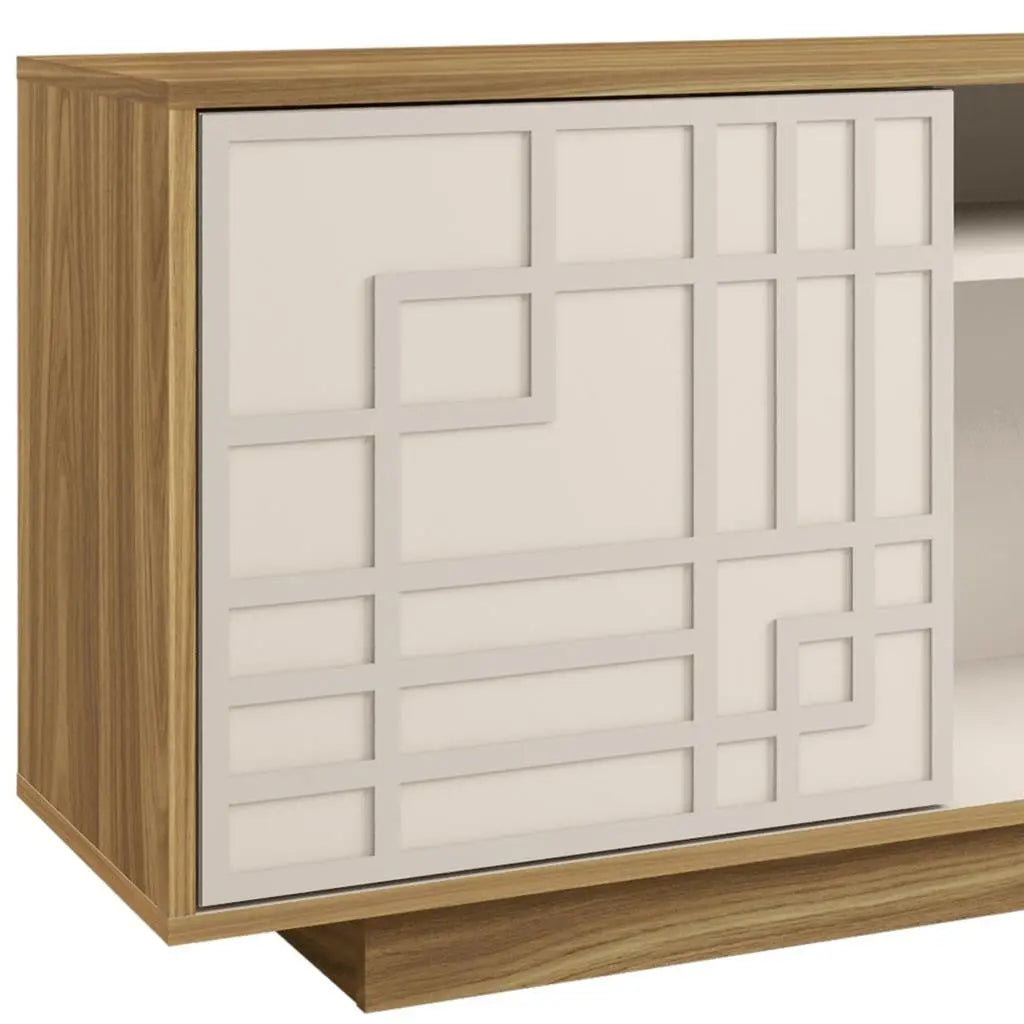63" Oak And White Carved Geometric Wood Enclosed and Open Storage TV Stand Homeroots Living Room