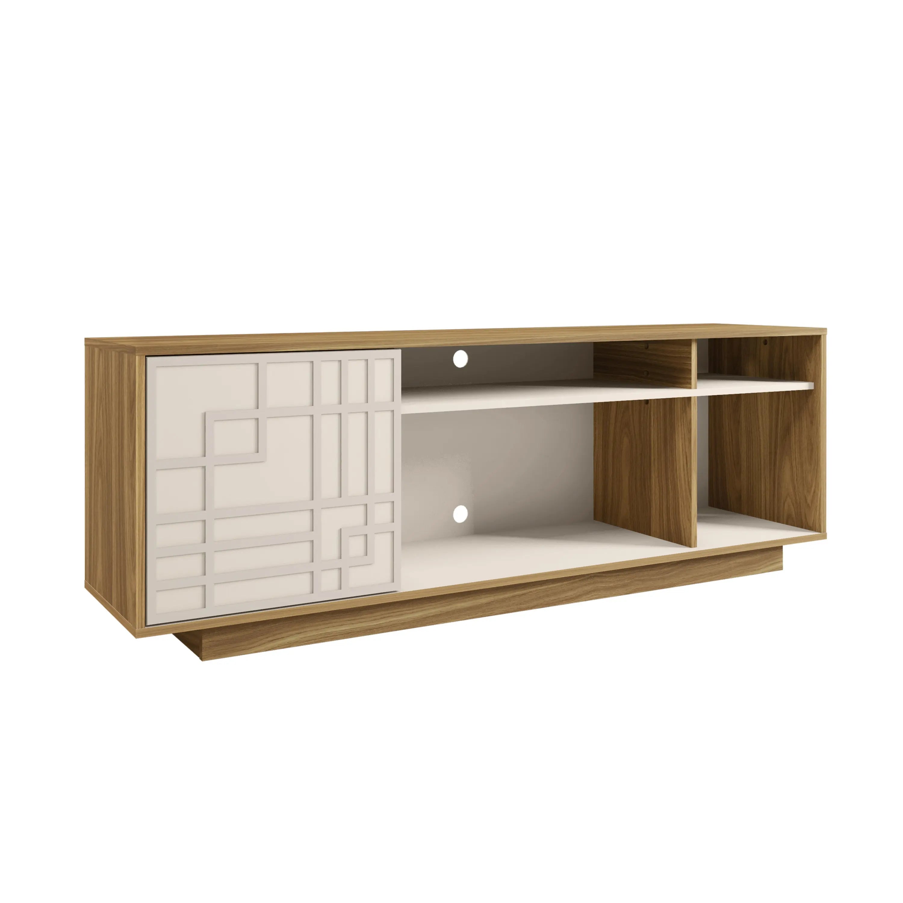 63" Oak And White Carved Geometric Wood Enclosed and Open Storage TV Stand Homeroots Living Room