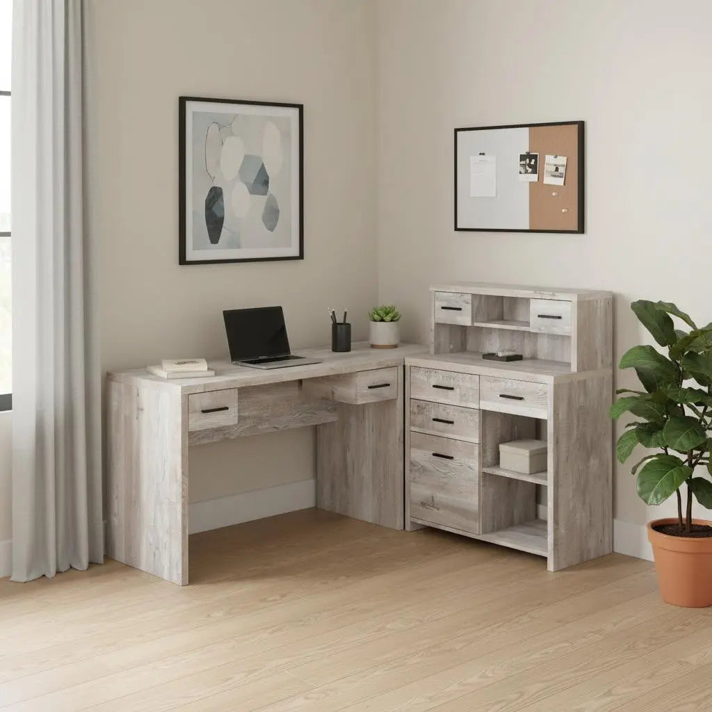 63" Taupe L Shape Computer Desk With Eight Drawers Homeroots Office