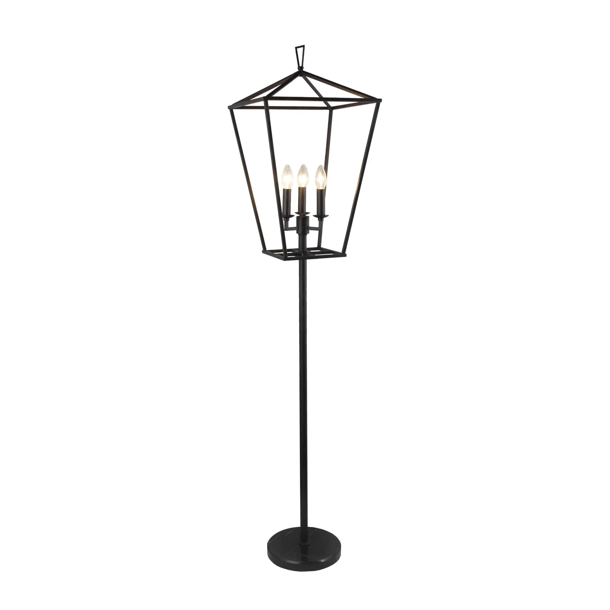 64" Black Three Light Floor Lamp With Black Geometric Shade - GreatEagleInc