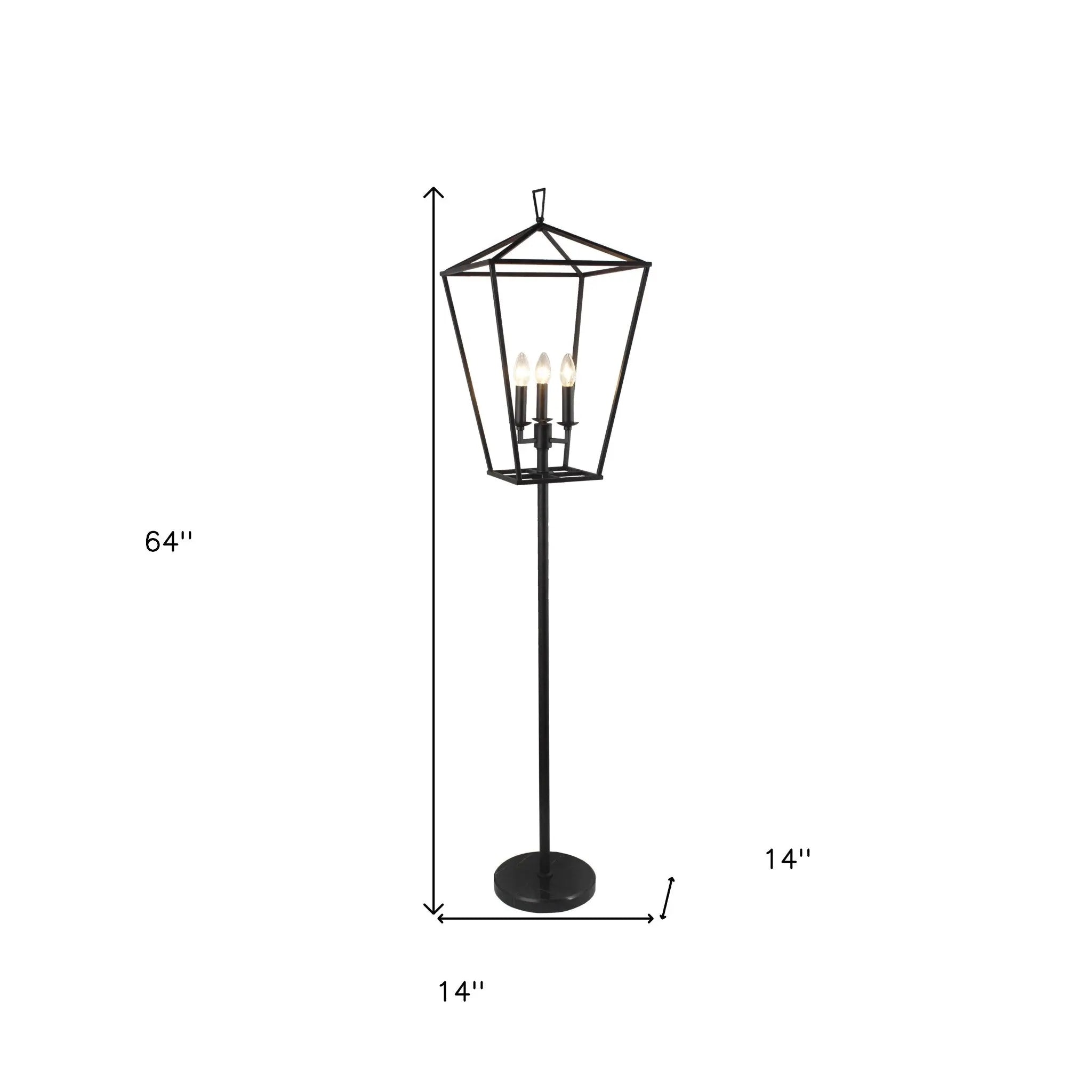 64" Black Three Light Floor Lamp With Black Geometric Shade - GreatEagleInc