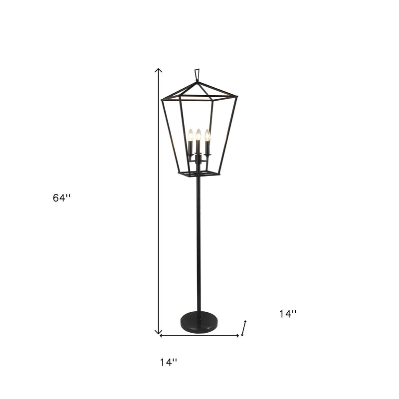 64" Black Three Light Floor Lamp With Black Geometric Shade - GreatEagleInc
