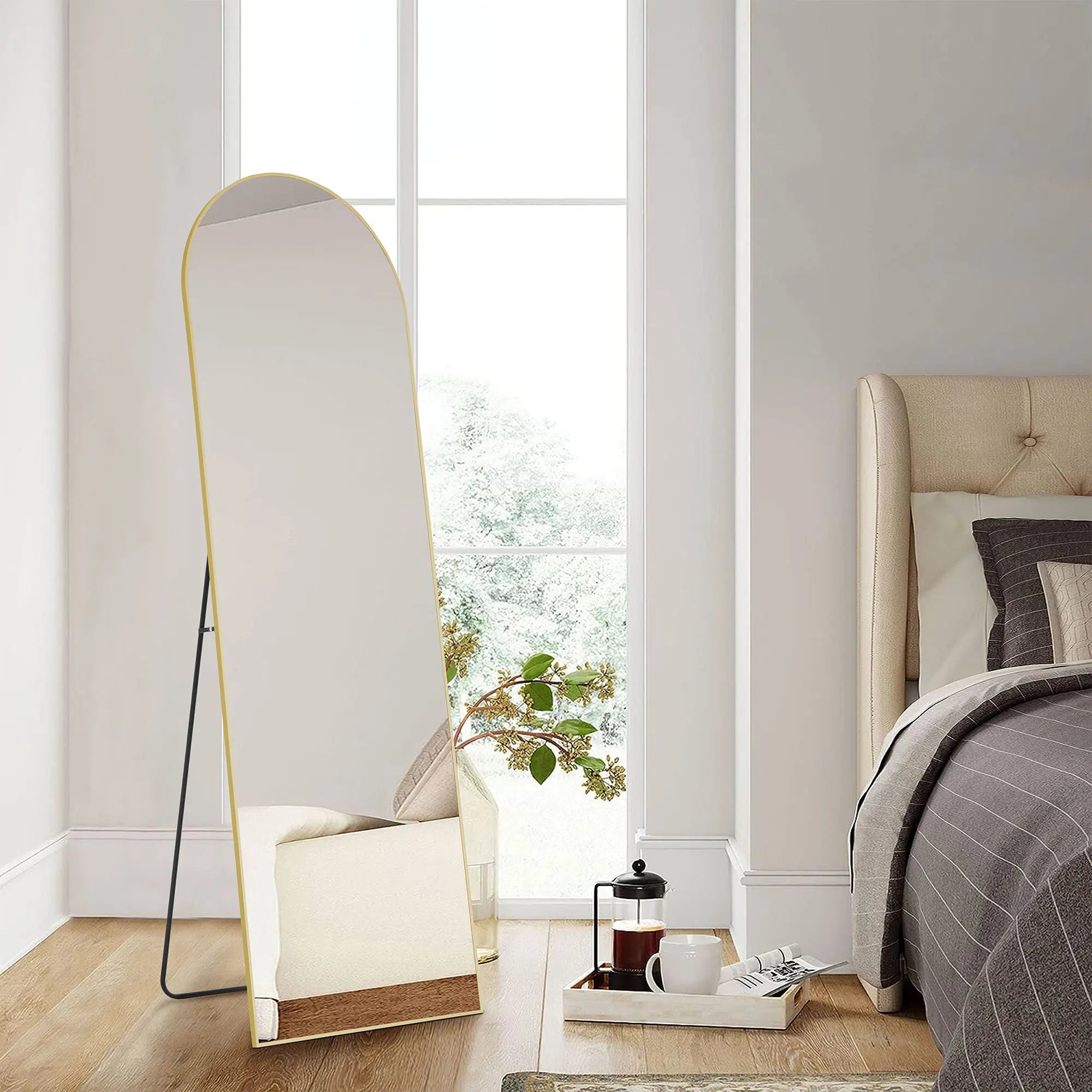 64" Gold Aluminum Arch Freestanding And Wall Mounted Framed Full Length Mirror Homeroots Bed & Bath