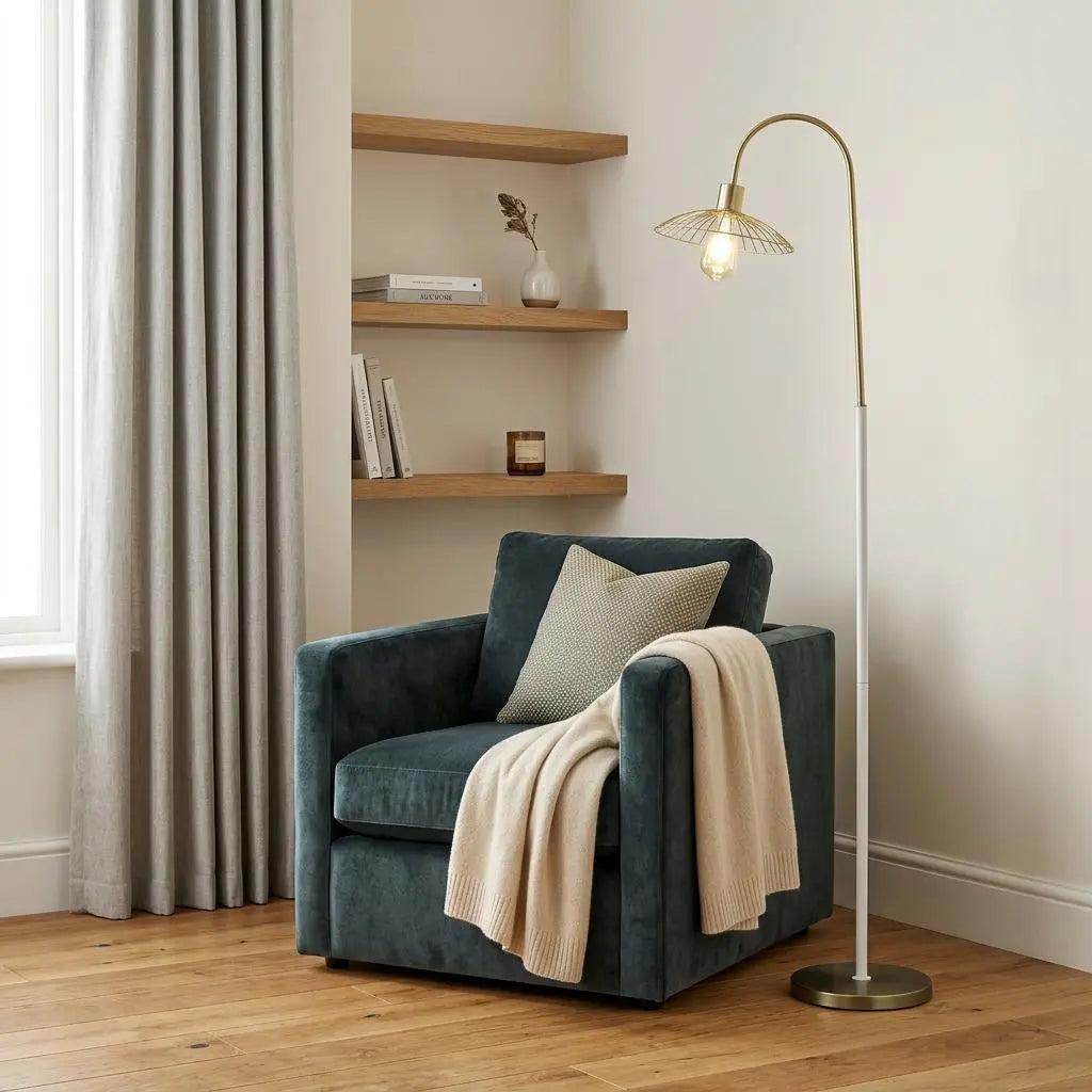 64" Gold And White Arched Floor Lamp With Gold Metal Cage Shade Homeroots Lighting