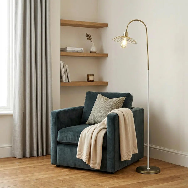 64" Gold And White Arched Floor Lamp With Gold Metal Cage Shade Homeroots Lighting