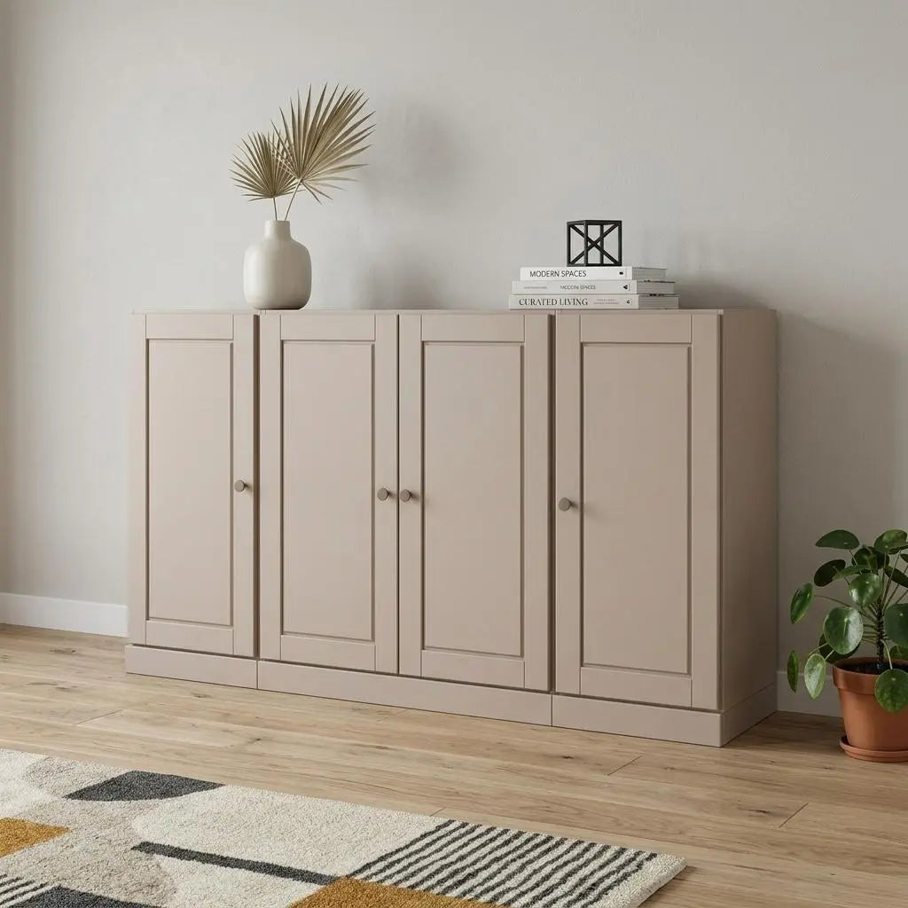 65" Beige Solid Wood Two Drawer Sideboard With Four Doors Homeroots Kitchen & Dining