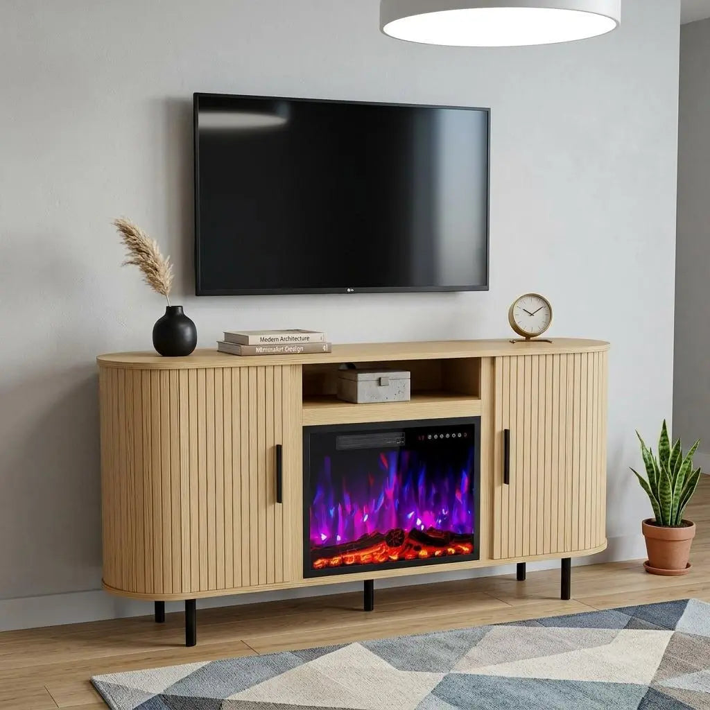 65" Beige Wood Fireplace TV Stand With Fireplace Homeroots Living Room