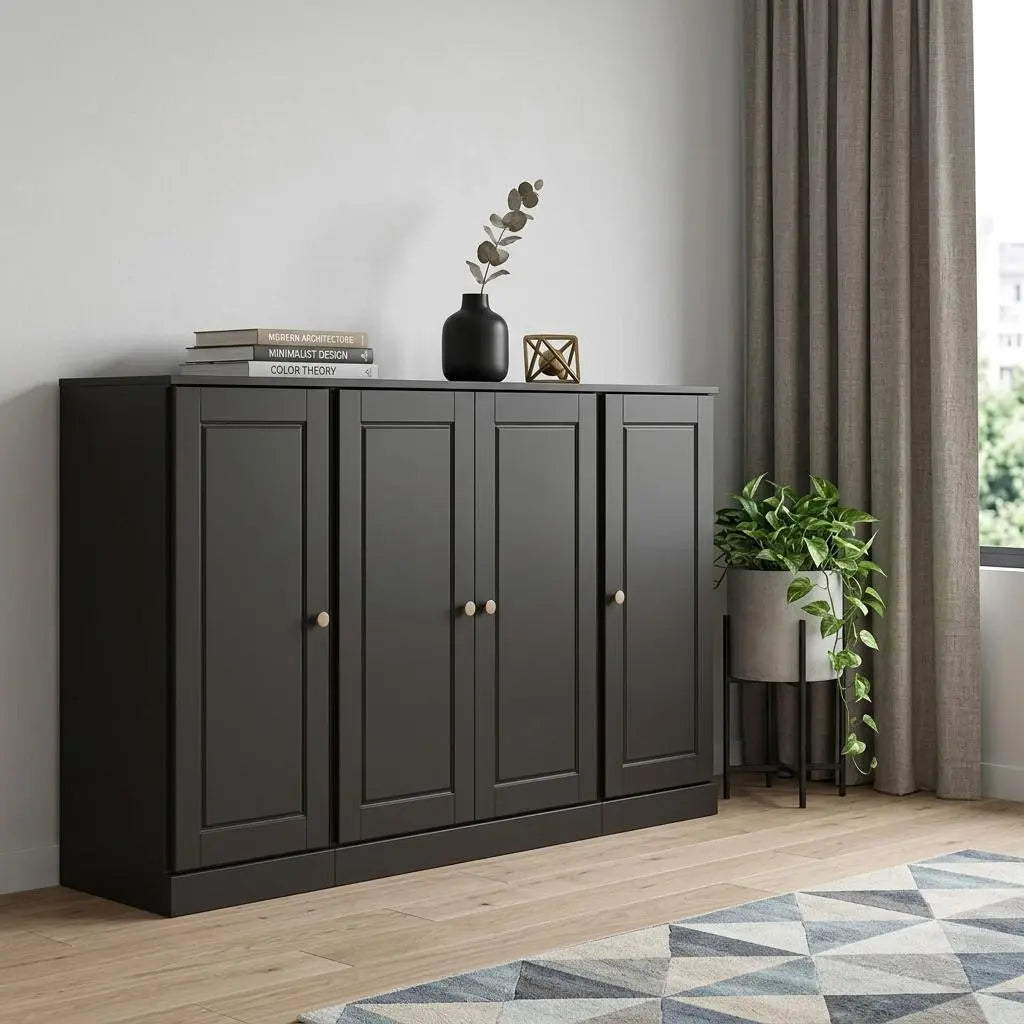 65" Black Solid Wood Two Drawer Sideboard With Four Doors Homeroots Kitchen & Dining