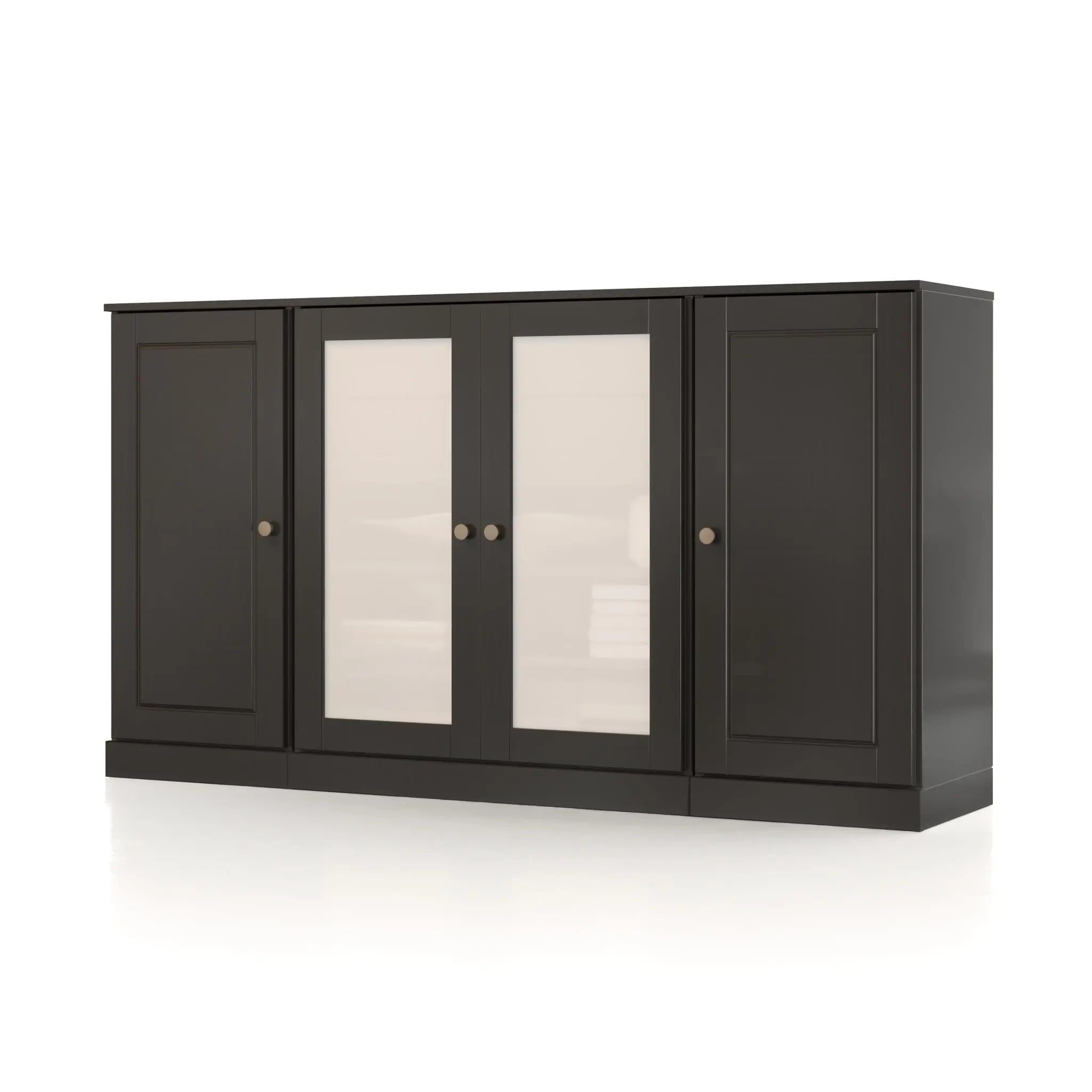 65" Black Solid Wood Two Drawer Sideboard With Four Glass Doors Homeroots Kitchen & Dining
