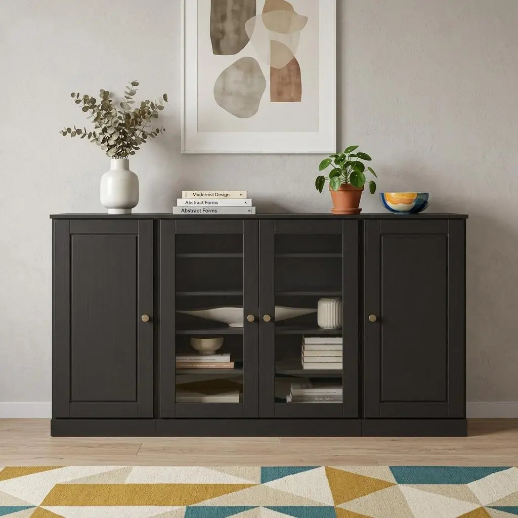 65" Black Solid Wood Two Drawer Sideboard With Four Glass Doors Homeroots Kitchen & Dining