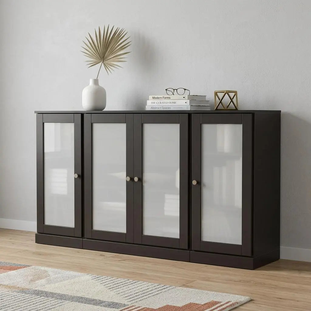 65" Black Solid Wood Two Drawer Sideboard With Four Glass Doors Homeroots Kitchen & Dining