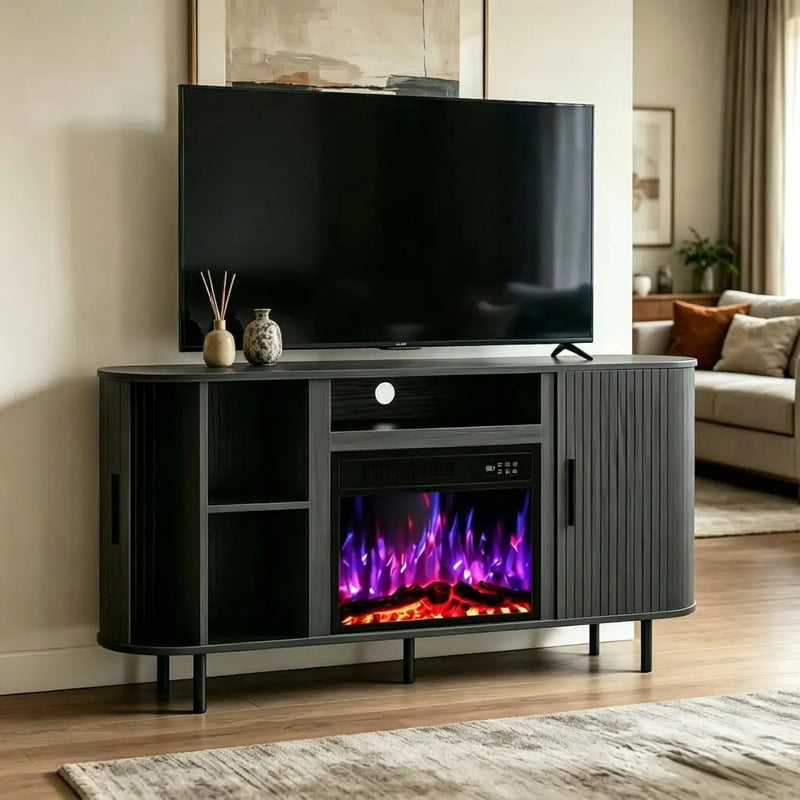 65" Black Wood Fireplace TV Stand With Fireplace Homeroots Living Room