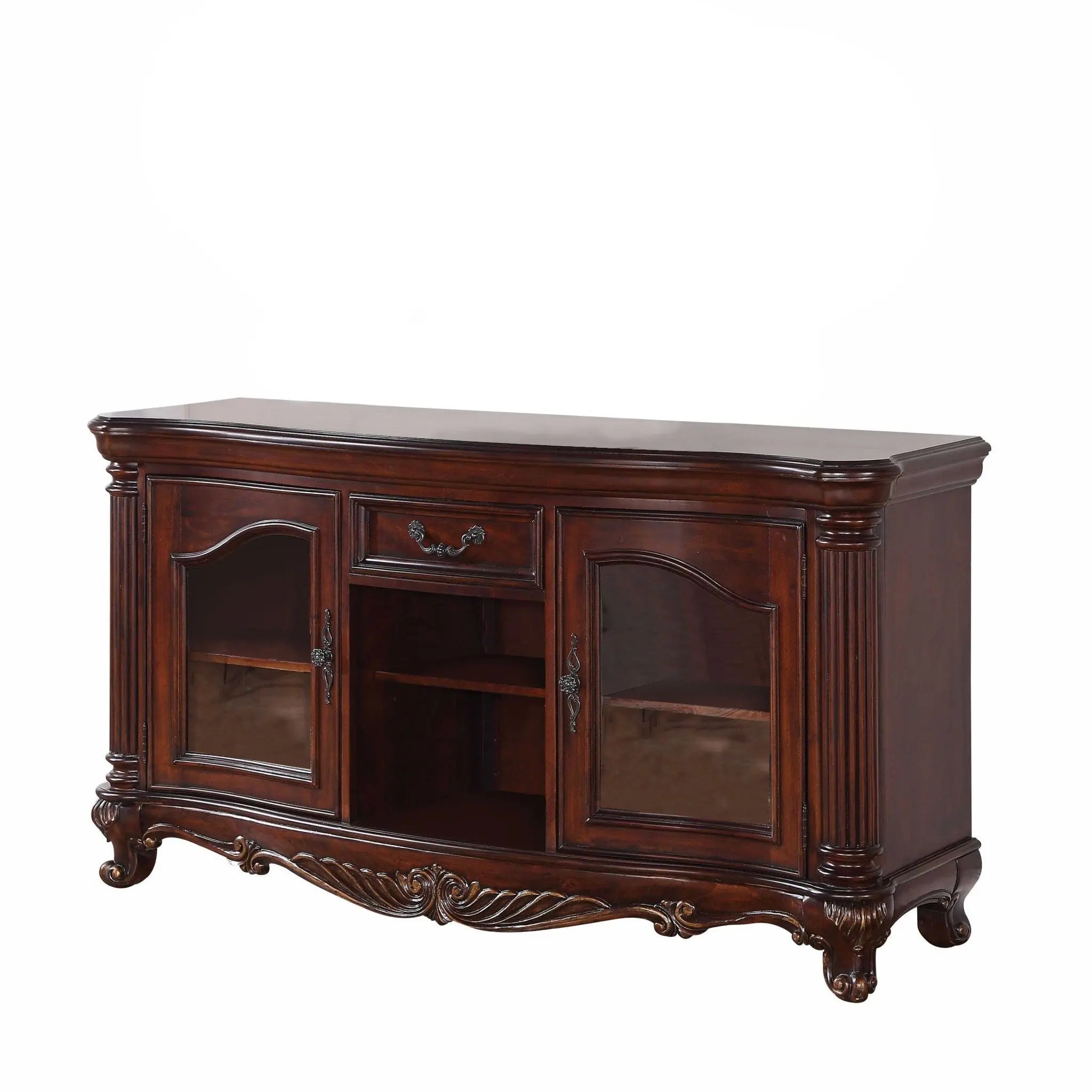 65" Brown Cherry Cabinet Enclosed Storage TV Stand with Bookcase Homeroots Living Room