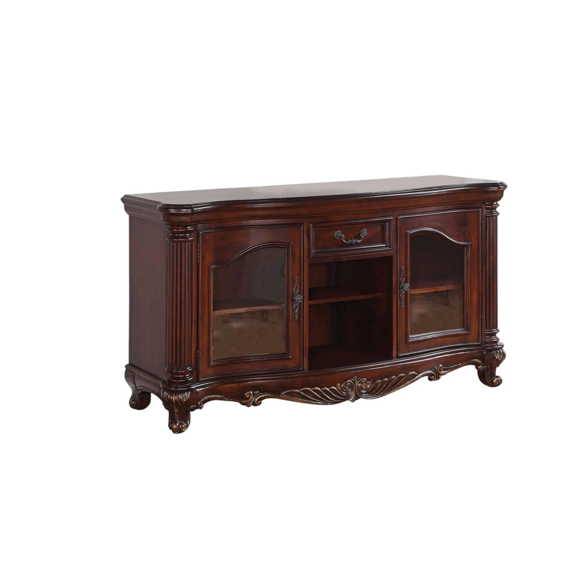 65" Brown Cherry Cabinet Enclosed Storage TV Stand with Bookcase Homeroots Living Room