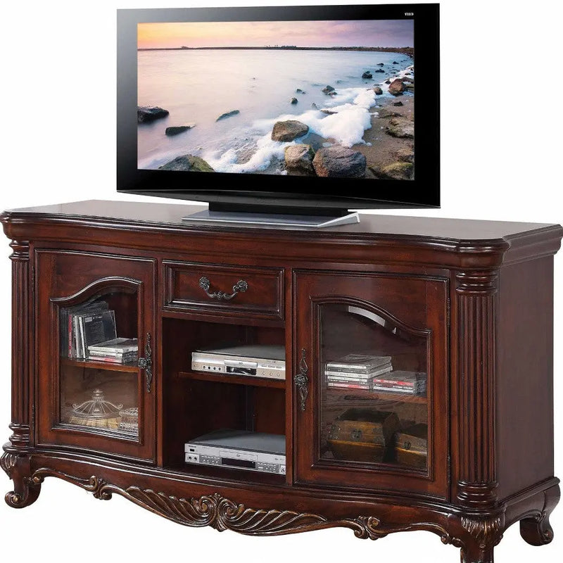 65" Brown Cherry Cabinet Enclosed Storage TV Stand with Bookcase Homeroots Living Room