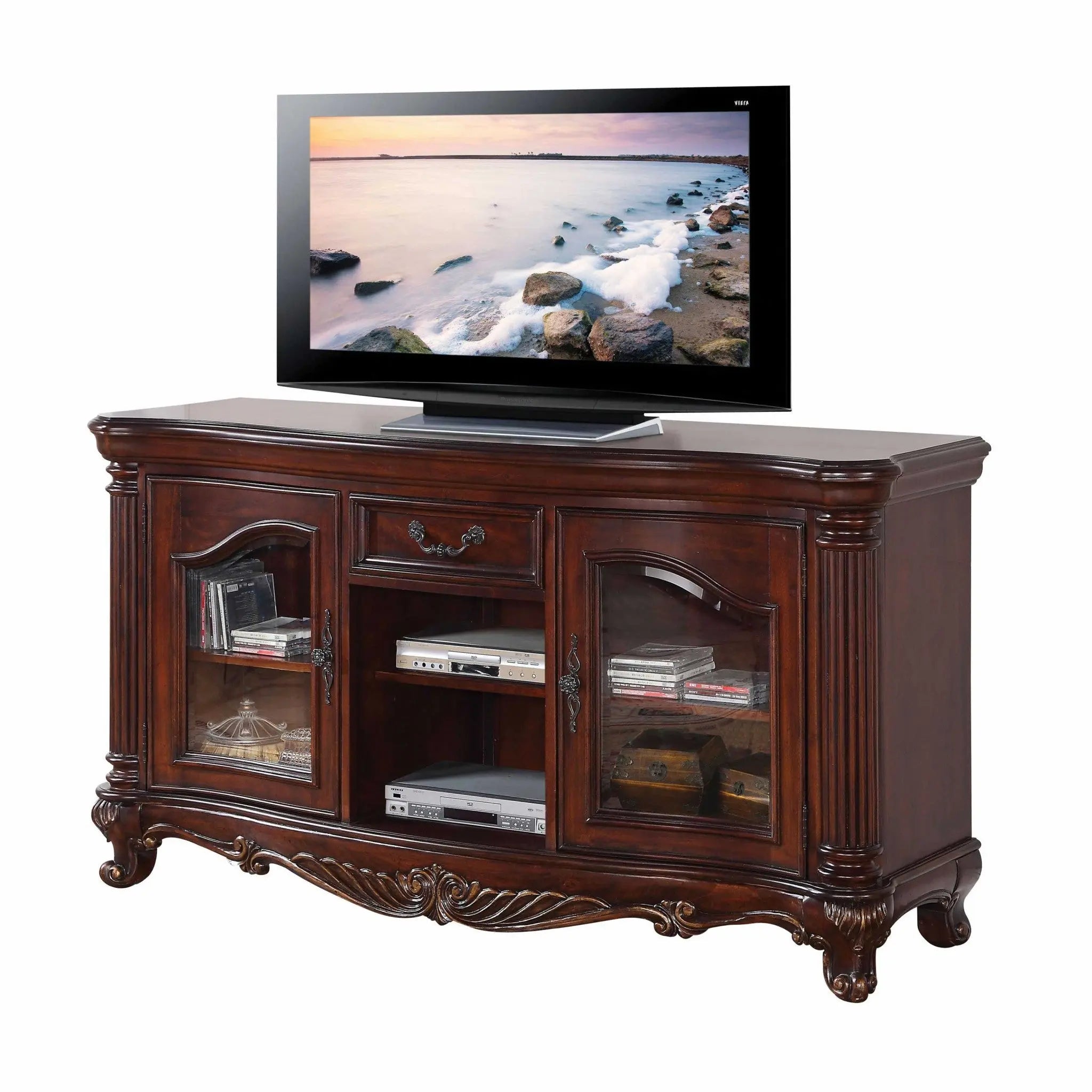 65" Brown Cherry Cabinet Enclosed Storage TV Stand with Bookcase Homeroots Living Room