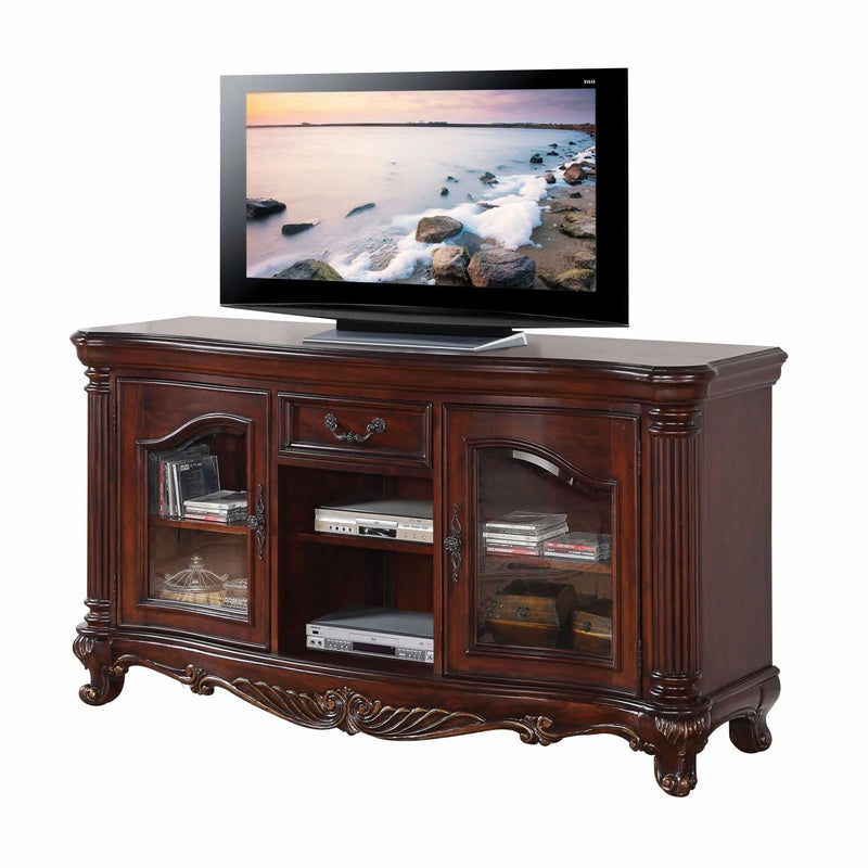65" Brown Cherry Cabinet Enclosed Storage TV Stand with Bookcase Homeroots Living Room