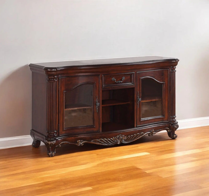 65" Brown Cherry Cabinet Enclosed Storage TV Stand with Bookcase Homeroots Living Room