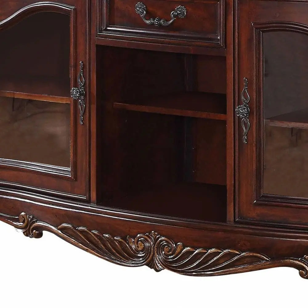 65" Brown Cherry Cabinet Enclosed Storage TV Stand with Bookcase Homeroots Living Room