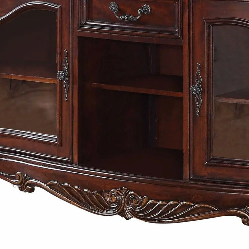 65" Brown Cherry Cabinet Enclosed Storage TV Stand with Bookcase Homeroots Living Room