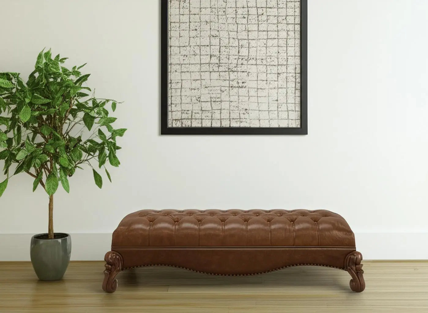 65" Brown Tufted Faux Leather Upholstered Bench Homeroots Living Room