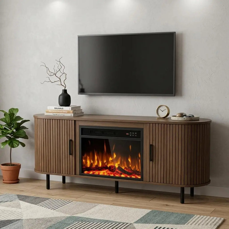 65" Brown Wood Fireplace TV Stand With Fireplace Homeroots Living Room