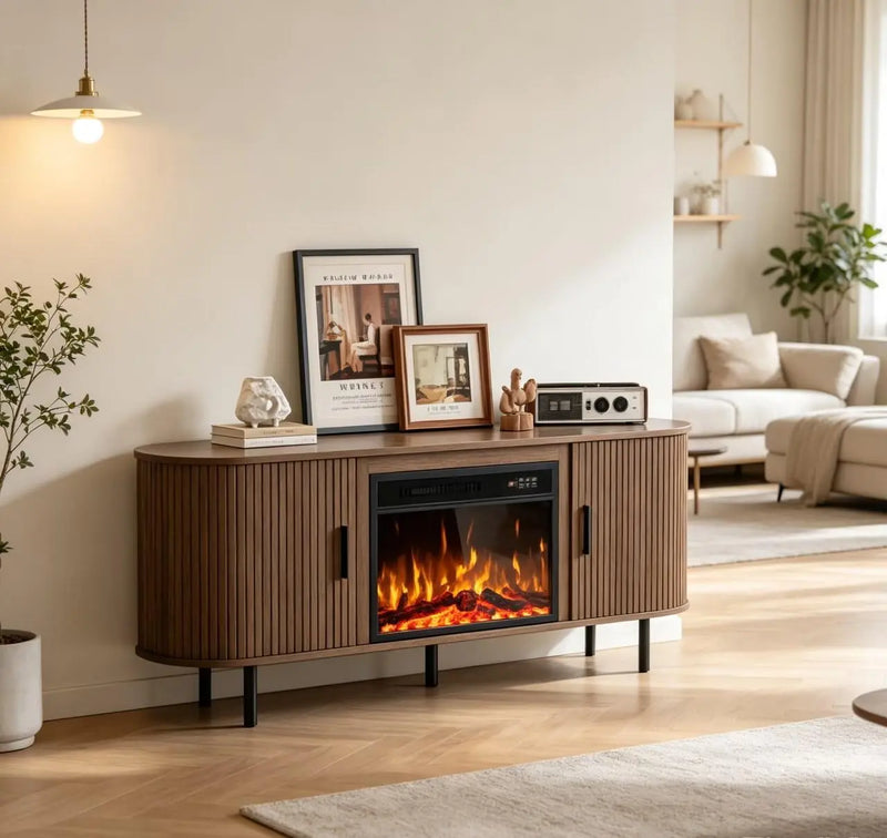65" Brown Wood Fireplace TV Stand With Fireplace Homeroots Living Room