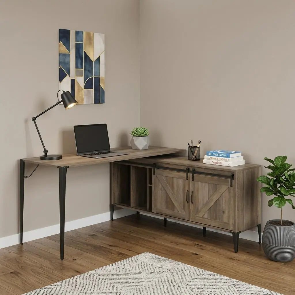 65" Brown and Black L Shape Writing Desk Homeroots Office
