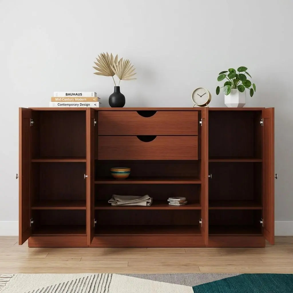 65" Coffee Solid Wood Two Drawer Sideboard With Four Doors Homeroots Kitchen & Dining