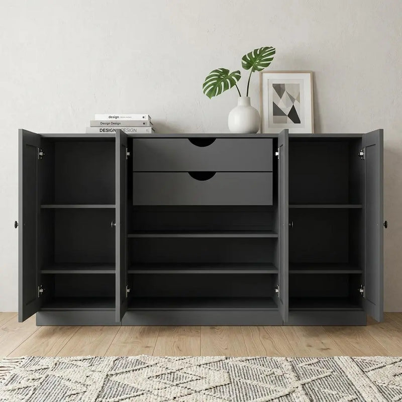 65" Gray Solid Wood Two Drawer Sideboard With Four Doors Homeroots Kitchen & Dining