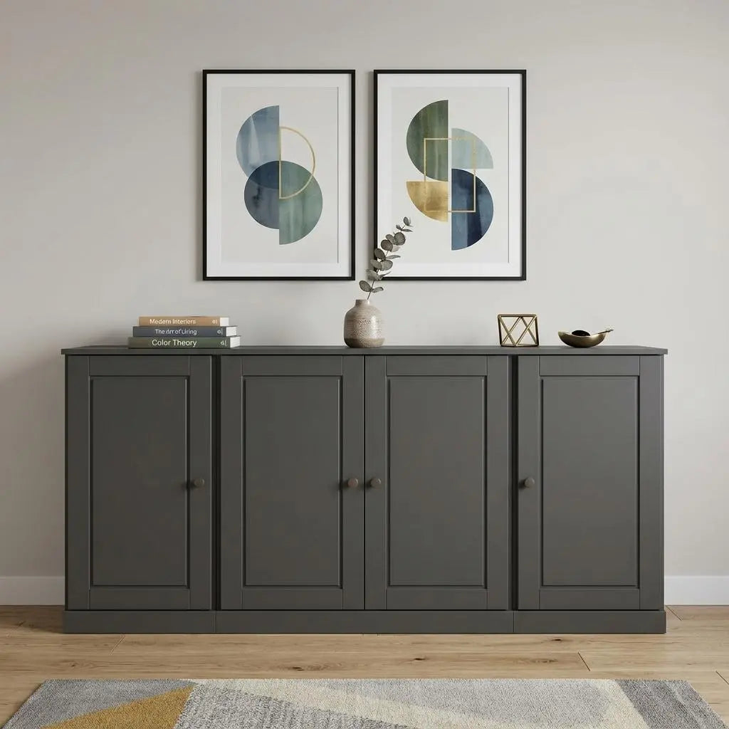 65" Gray Solid Wood Two Drawer Sideboard With Four Doors Homeroots Kitchen & Dining