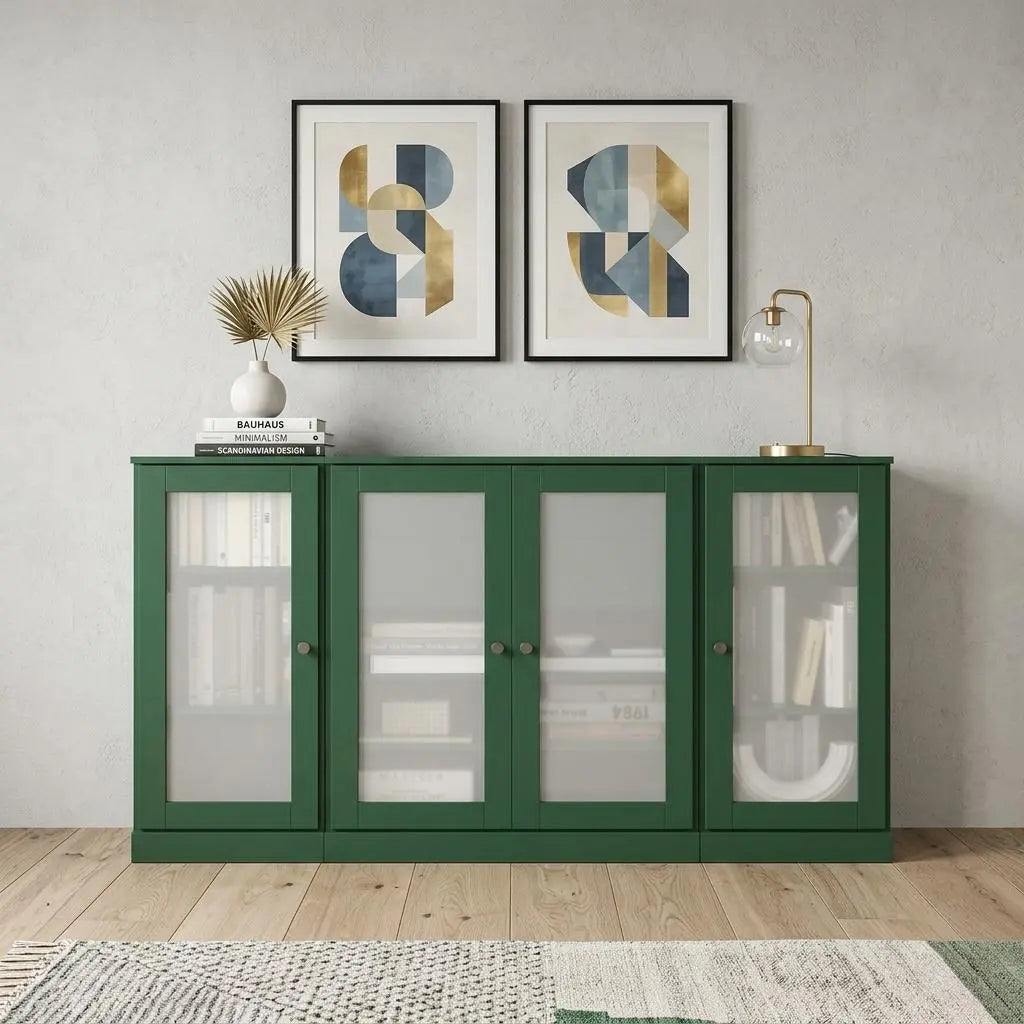 65" Green Solid Wood Two Drawer Sideboard With Four Glass Doors Homeroots Kitchen & Dining