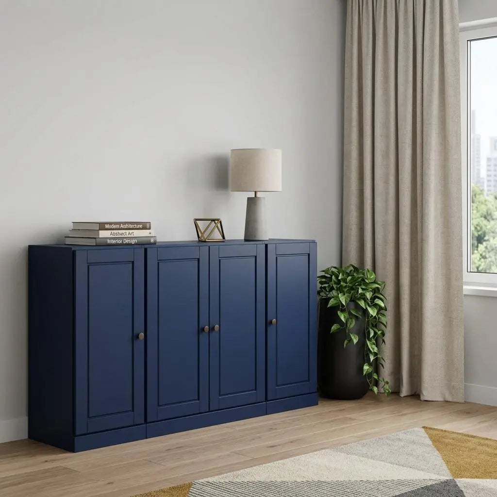 65" Navy Blue Solid Wood Two Drawer Sideboard With Four Doors Homeroots Kitchen & Dining