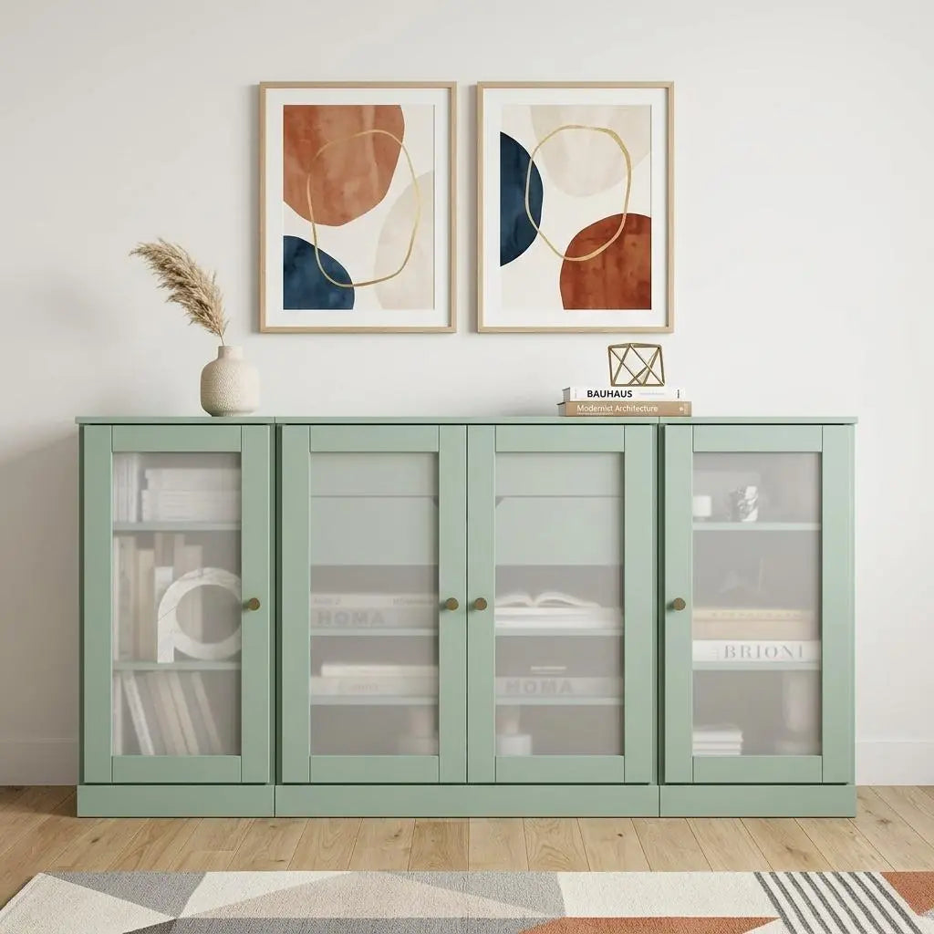 65" Sage Solid Wood Two Drawer Sideboard With Four Glass Doors Homeroots Kitchen & Dining