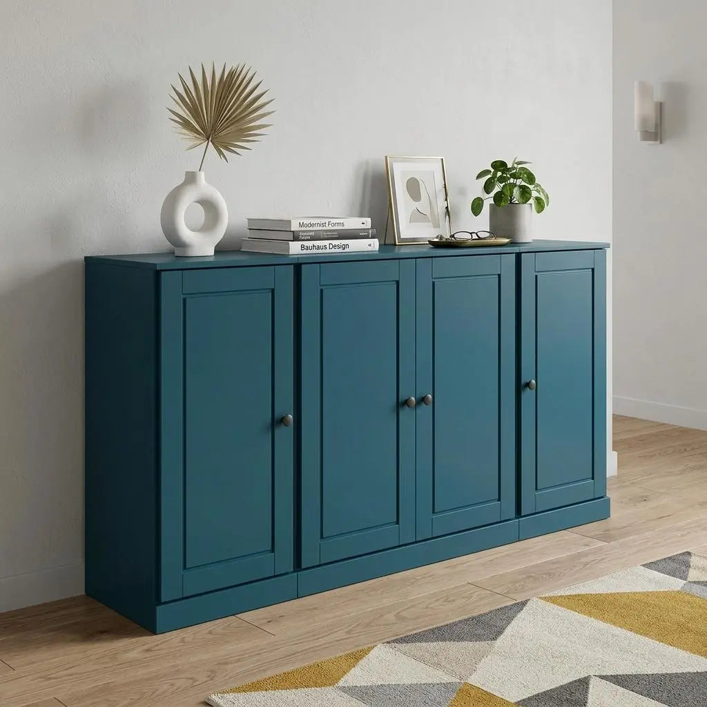 65" Teal Blue Solid Wood Two Drawer Sideboard With Four Doors Homeroots Kitchen & Dining