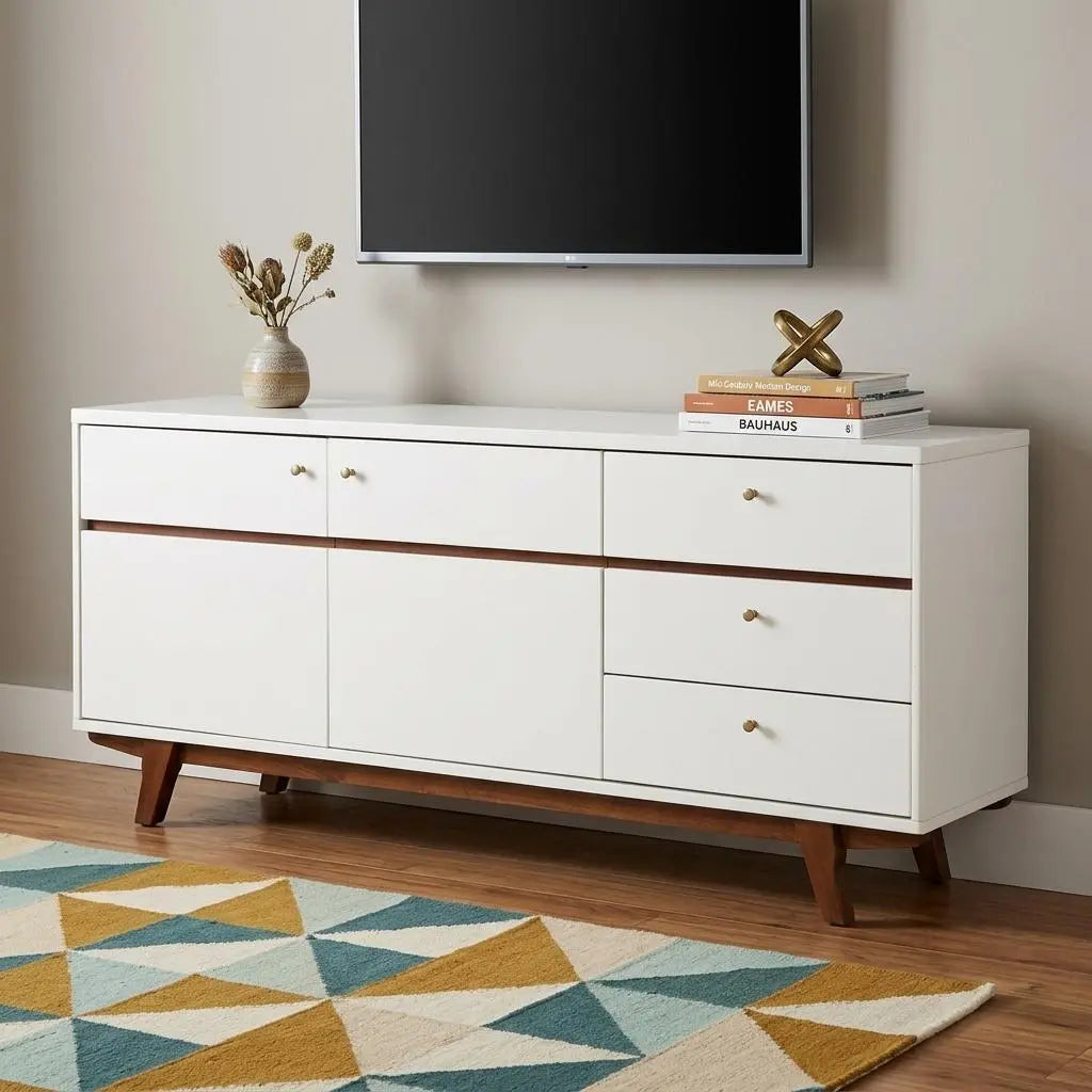 65" White Mahogany Solids And Veneer Cabinet Enclosed Storage TV Stand Homeroots Living Room