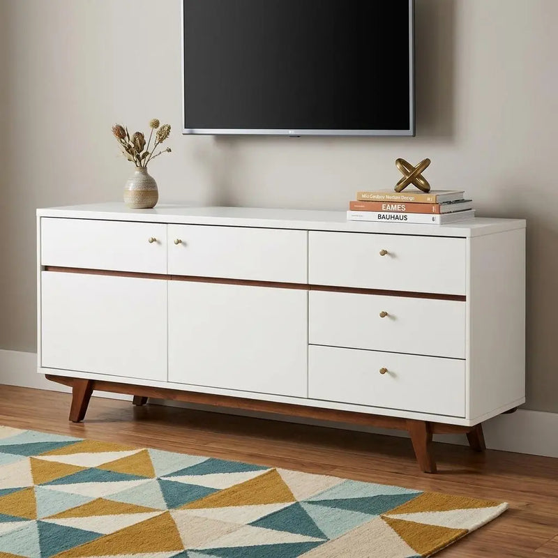 65" White Mahogany Solids And Veneer Cabinet Enclosed Storage TV Stand Homeroots Living Room