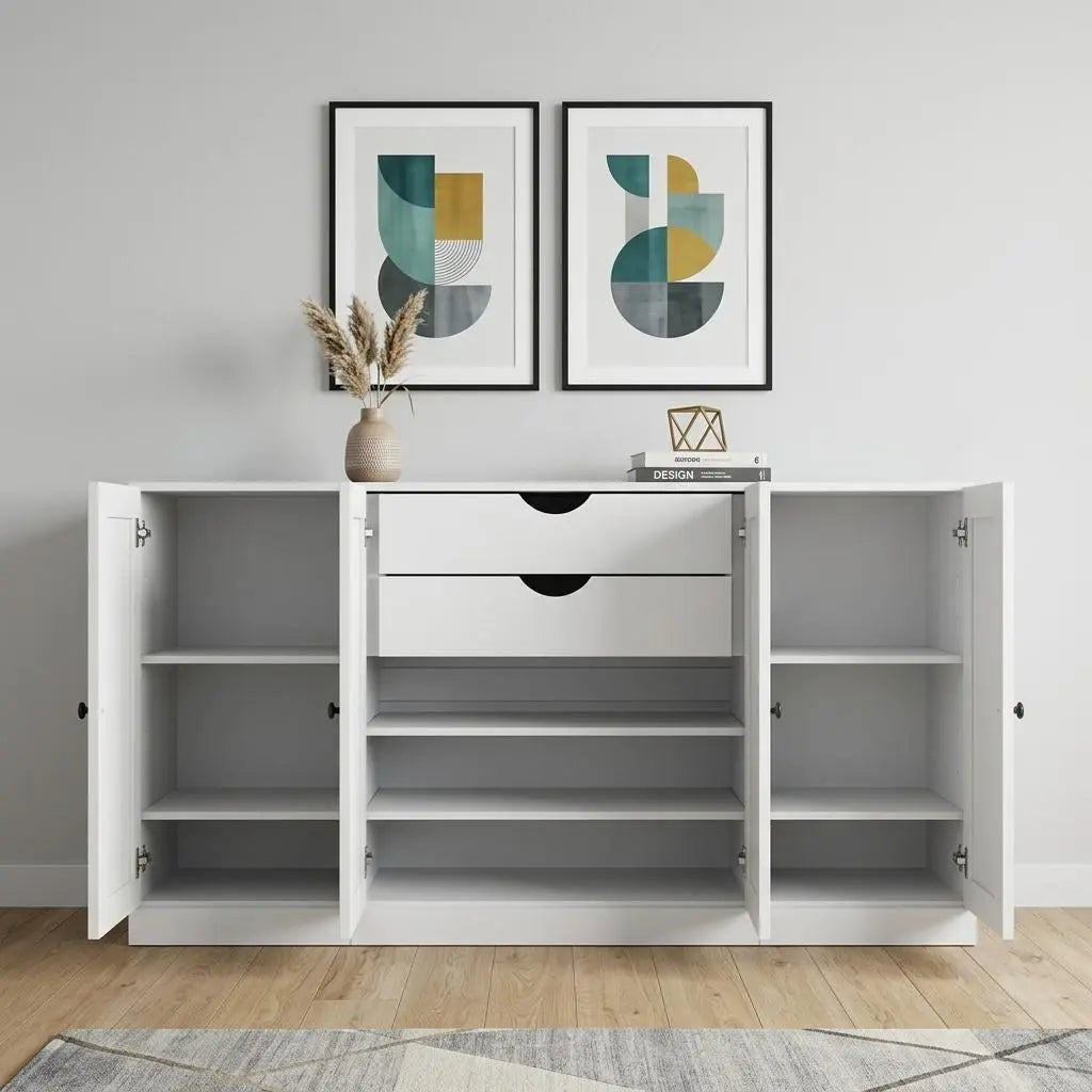 65" White Solid Wood Two Drawer Sideboard With Four Doors Homeroots Kitchen & Dining