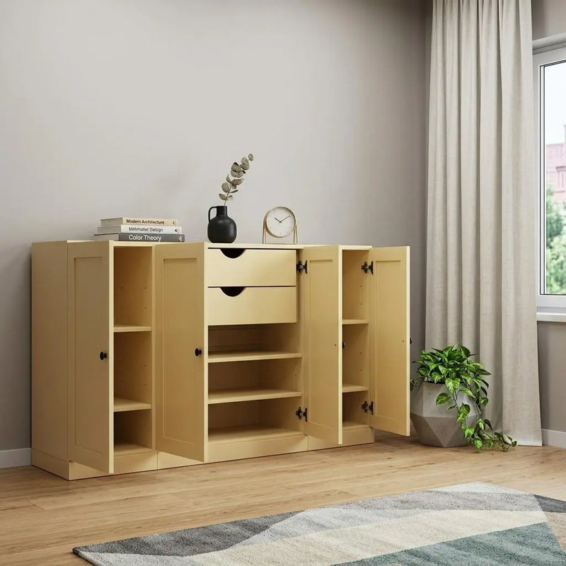 65" Yellow Solid Wood Two Drawer Sideboard With Four Doors Homeroots Kitchen & Dining