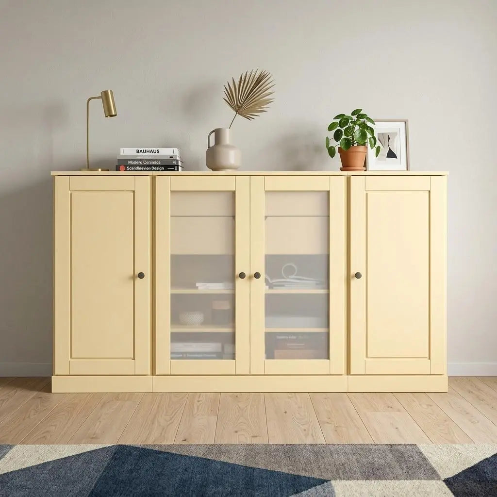 65" Yellow Solid Wood Two Drawer Sideboard With Four Glass Doors Homeroots Kitchen & Dining