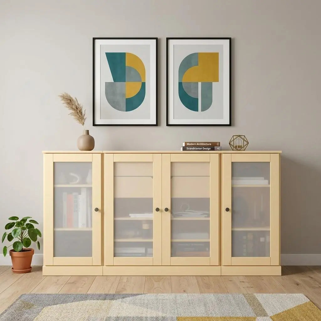 65" Yellow Solid Wood Two Drawer Sideboard With Four Glass Doors Homeroots Kitchen & Dining