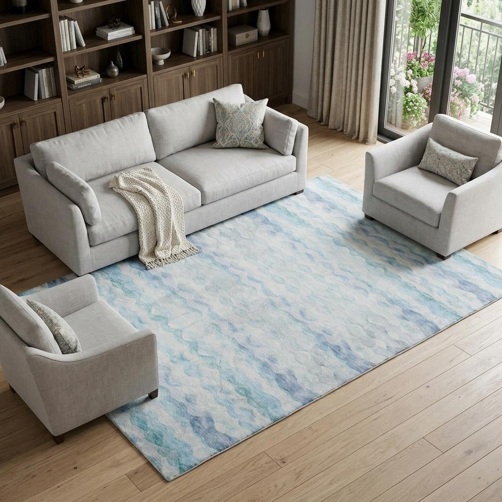 10' X 14' Blue And Denim Blue Striped Shag Washable Area Rug With UV Protection - Home & Garden