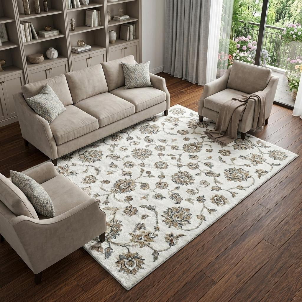 10' X 14' Taupe And Ivory Floral Shag Washable Area Rug With UV Protection - Home & Garden