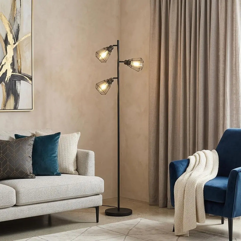 66" Black Metal Three Light Tree Floor Lamp With Black Metal Cage Shade Homeroots Lighting