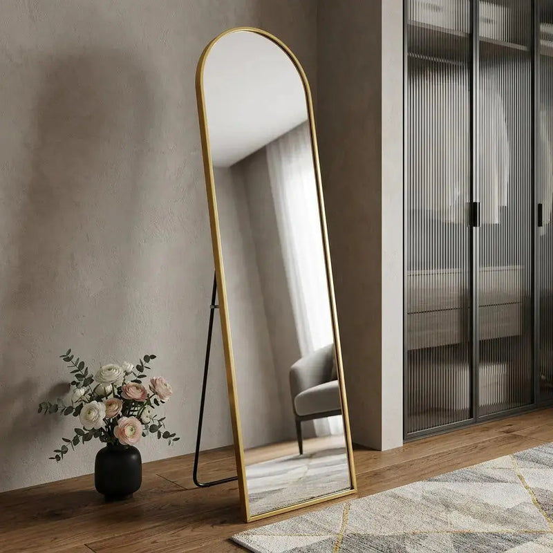 66" Gold Aluminum Arch Wall Mounted And Freestanding Framed Full Length Mirror Homeroots Bed & Bath