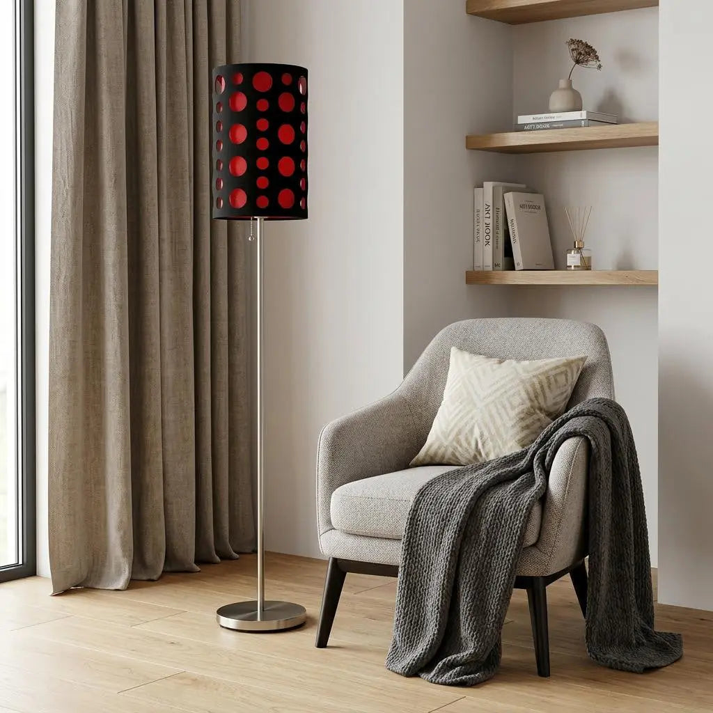 66" Steel Novelty Floor Lamp With Black And Red Drum Shade Homeroots Lighting
