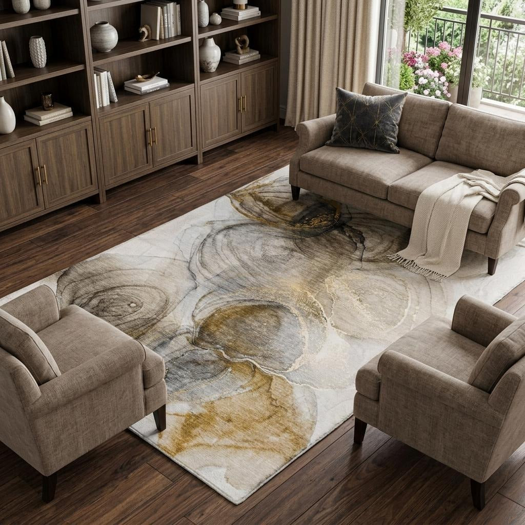 10' X 14' Brown And Ivory Abstract Shag Washable Area Rug With UV Protection - Home & Garden